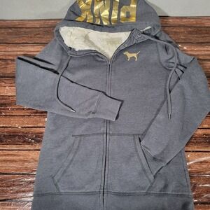 Pink Victoria Secret Hoodie Gray Faux Fur Lined Gold Logo Zip Up XS
